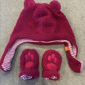 Magnificent Baby Fuzzy Burgundy Bear Hat and Mittens